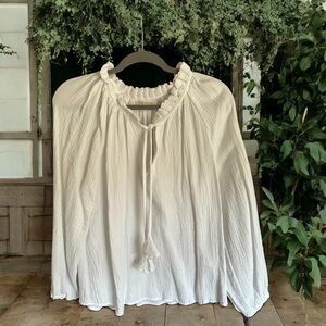 NWOT JUST LIVING Gauze Cotton Blouson‎ Sleeve Tie Neck Top White M